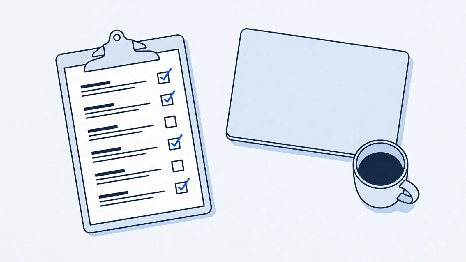 Illustration of a printed checklist on a clipboard with six sections, next to a laptop and a cup of coffee.